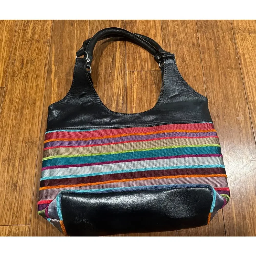 Moroccan Black Leather & Woven Handmade Multicolored Material 15” Purse Handbag